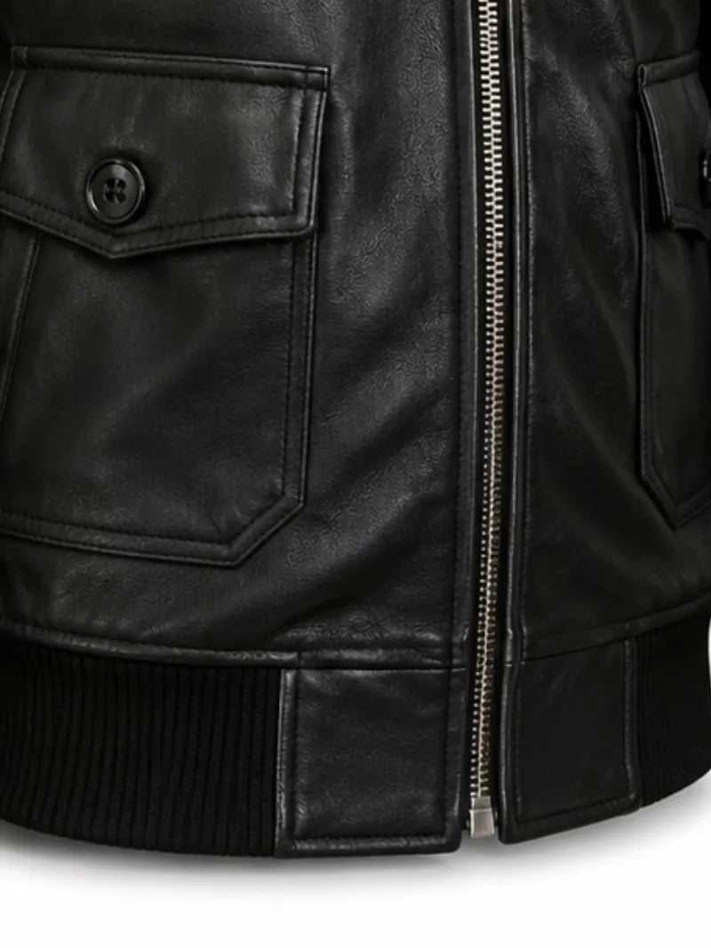 Men's black shearling leather jacket, pocket detail