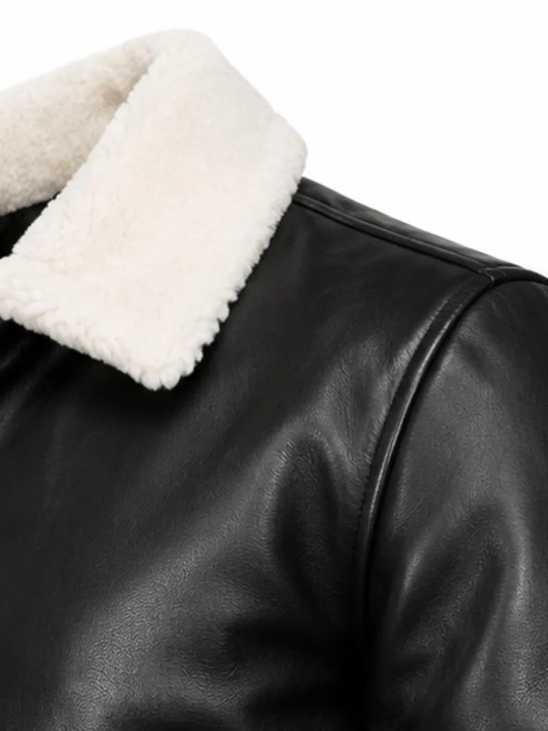 Men's black shearling leather jacket, cuff detail