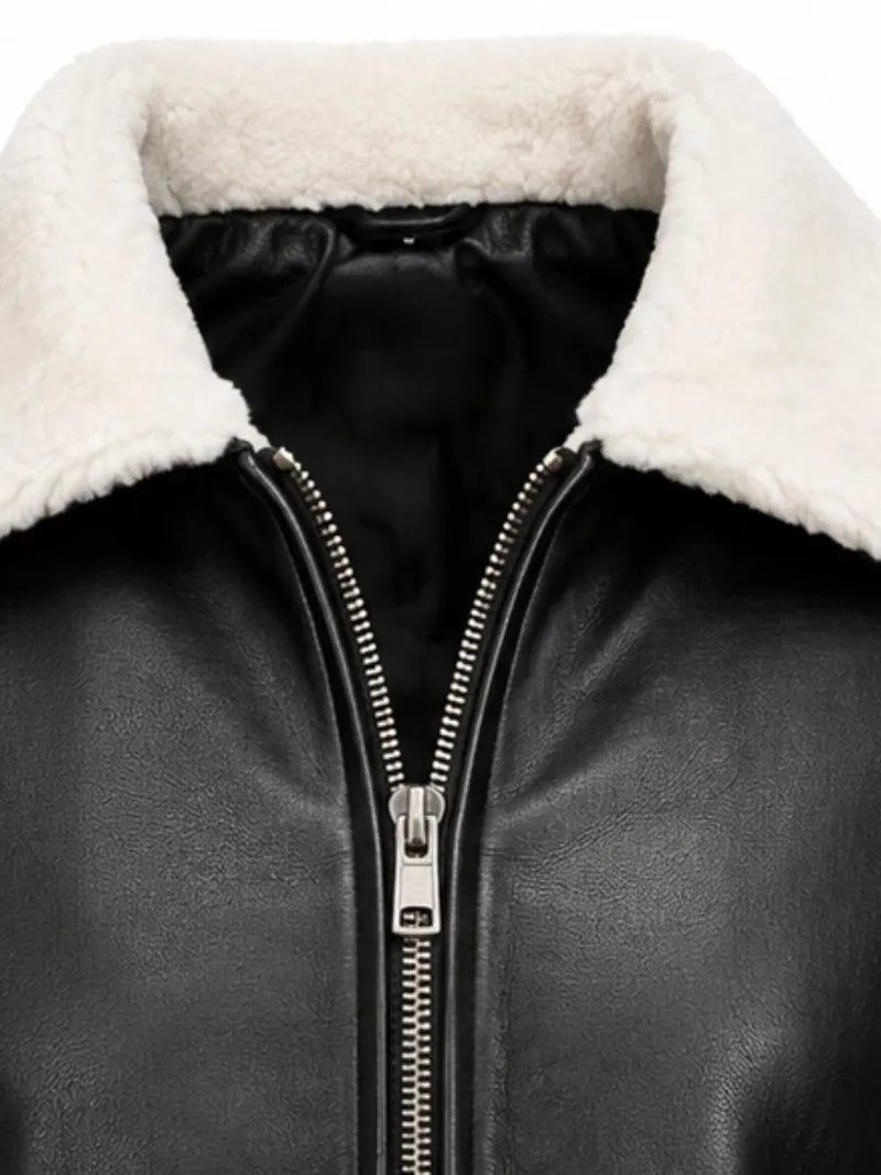 Men's black shearling leather jacket, zip and closure detail