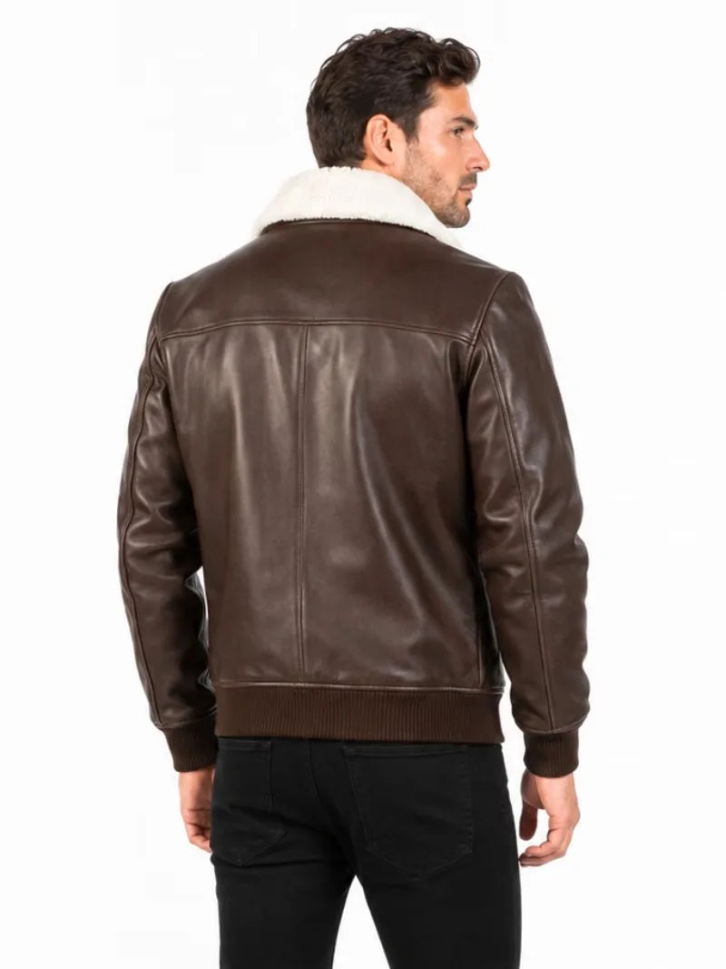 Men's black shearling leather jacket, collar detail