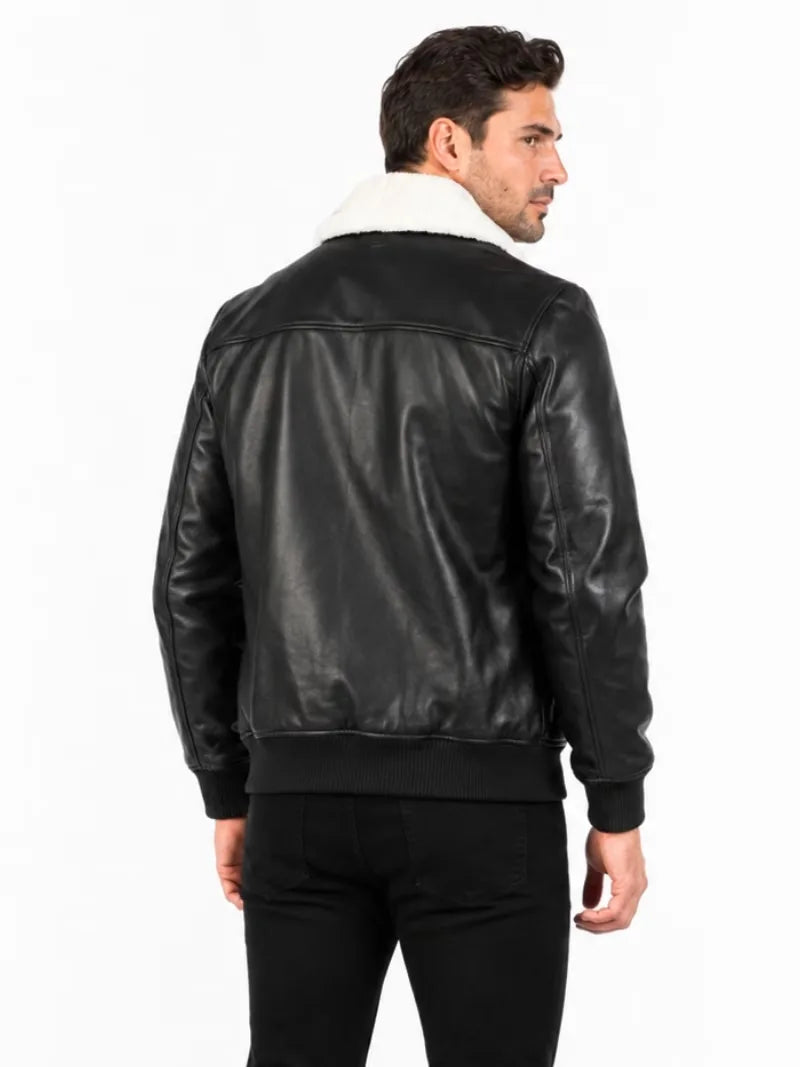 Men's black shearling leather jacket, back view