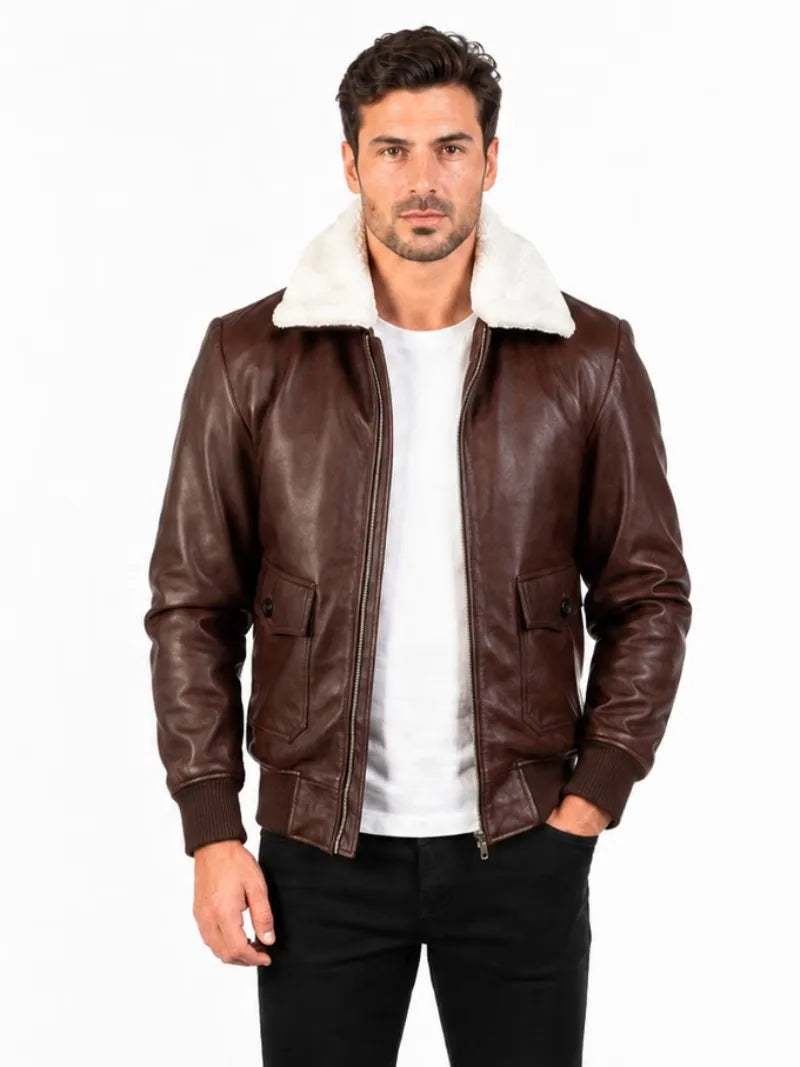 Men's black shearling leather jacket, side view