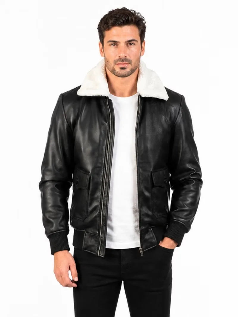 Men's black shearling leather jacket, front view