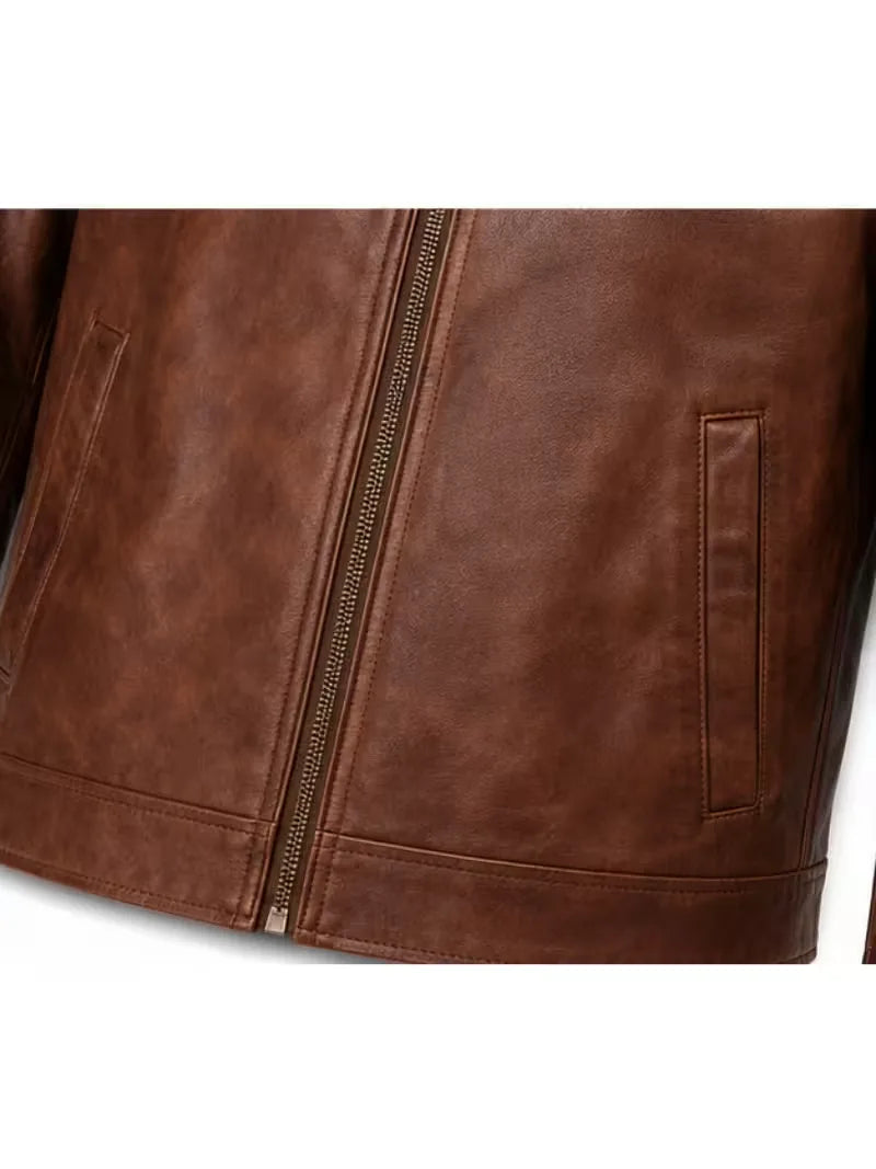Men's sheepskin leather shirt jacket, zip and closure detail