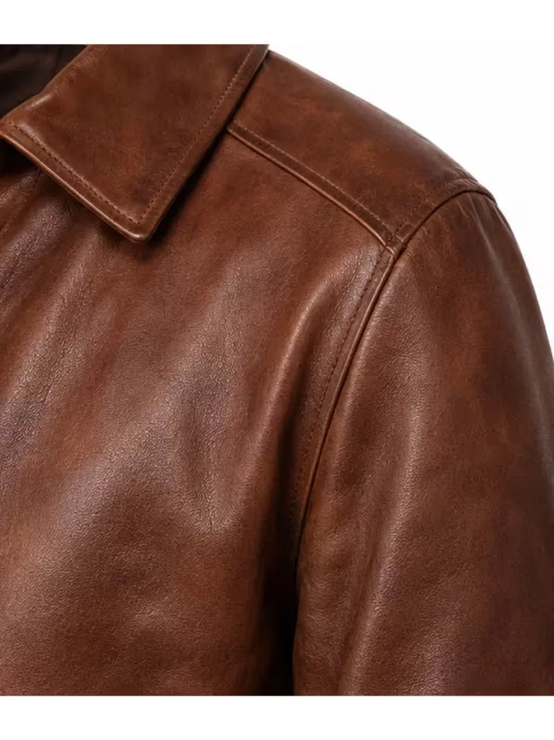 Men's sheepskin leather shirt jacket, collar detail