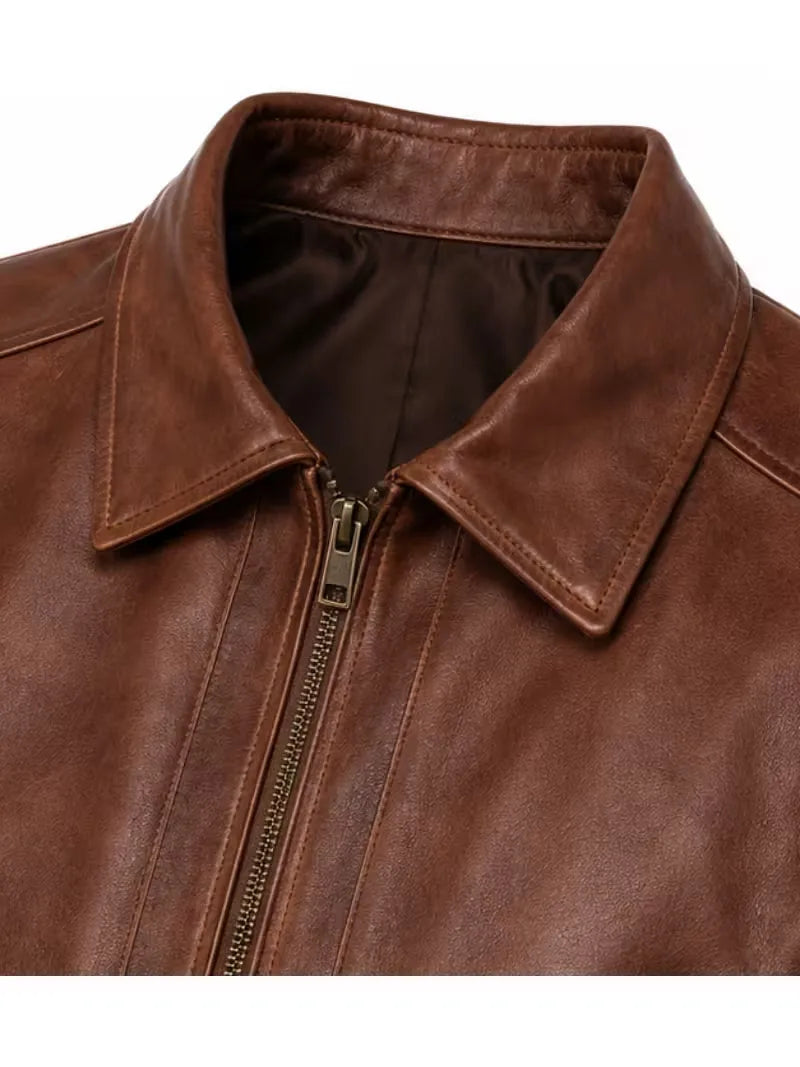 Men's sheepskin leather shirt jacket, side view