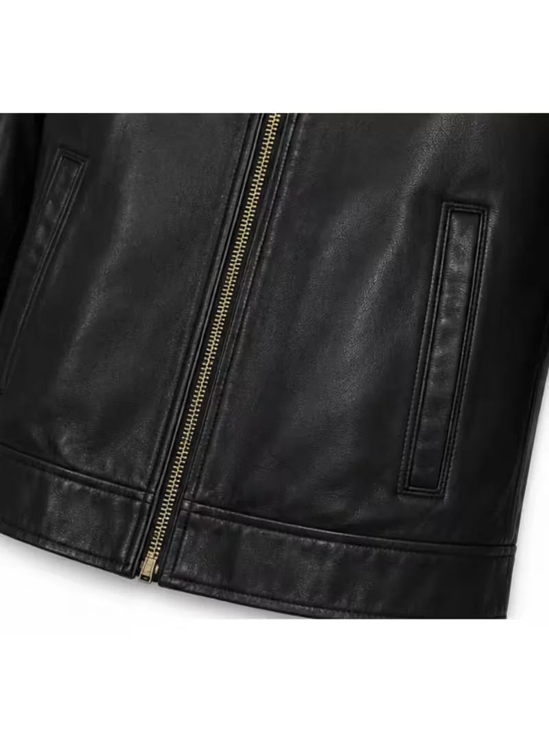 Men's sheepskin leather shirt jacket, pocket detail