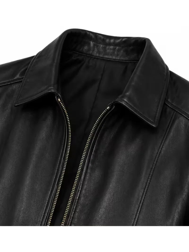 Men's sheepskin leather shirt jacket, zip and closure detail