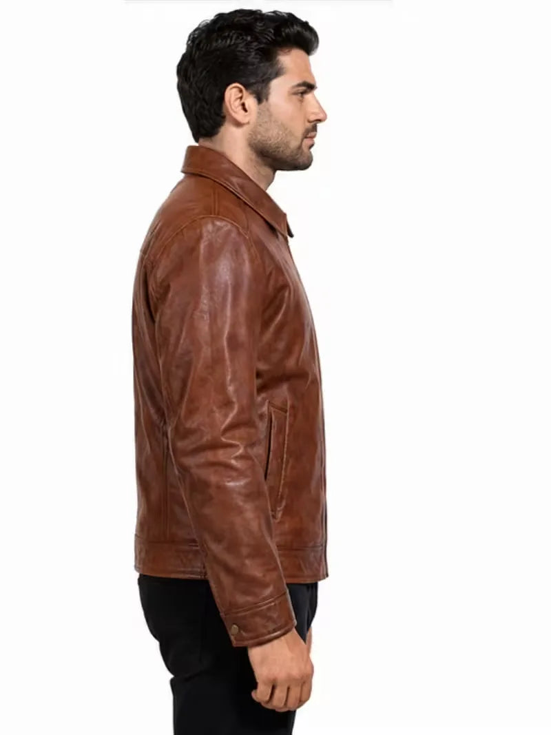 Men's sheepskin leather shirt jacket, back view