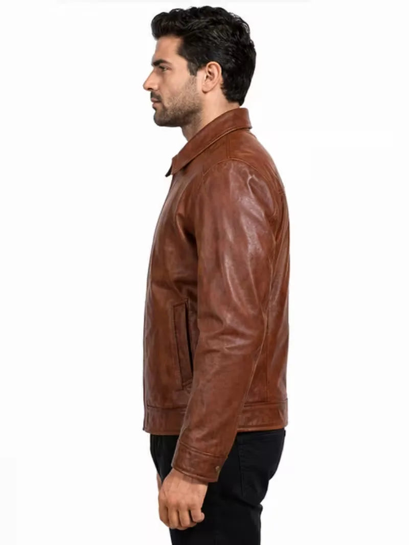 Men's sheepskin leather shirt jacket, front view
