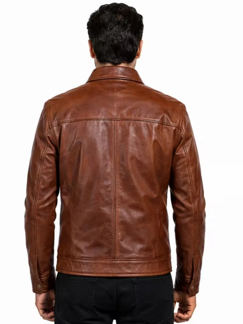 Men's sheepskin leather shirt jacket, worn on model