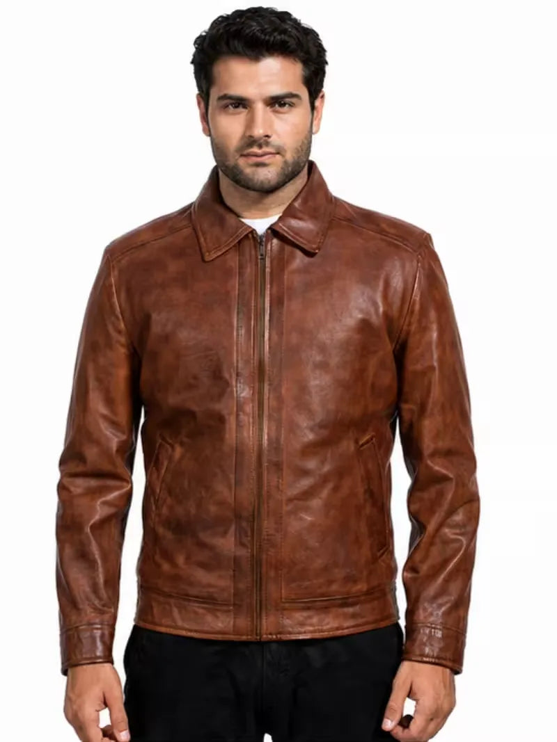 Men's sheepskin leather shirt jacket, full length