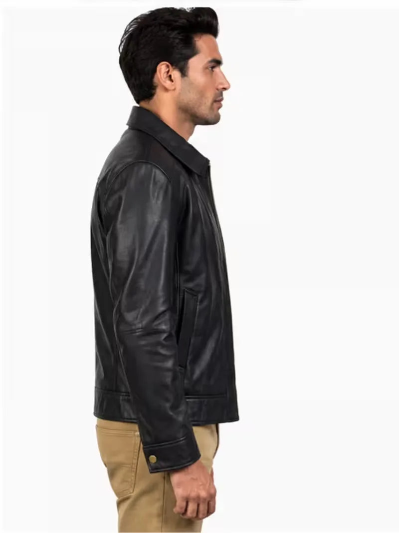 Men's sheepskin leather shirt jacket, collar detail