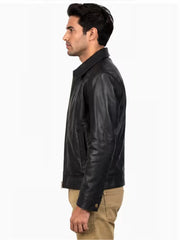 Men's sheepskin leather shirt jacket, side view