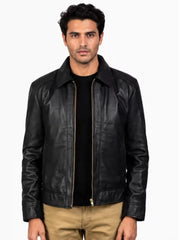 Men's sheepskin leather shirt jacket, front view
