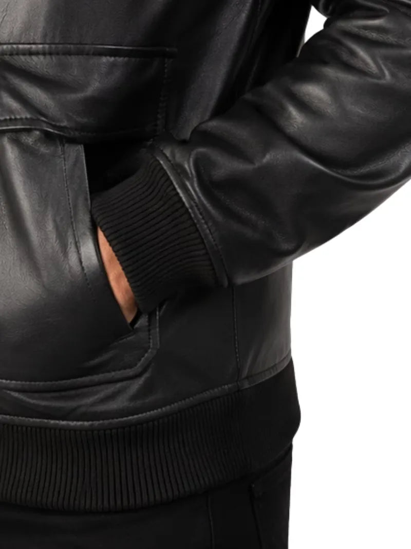 Men's black sheepskin leather shirt jacket, lining detail