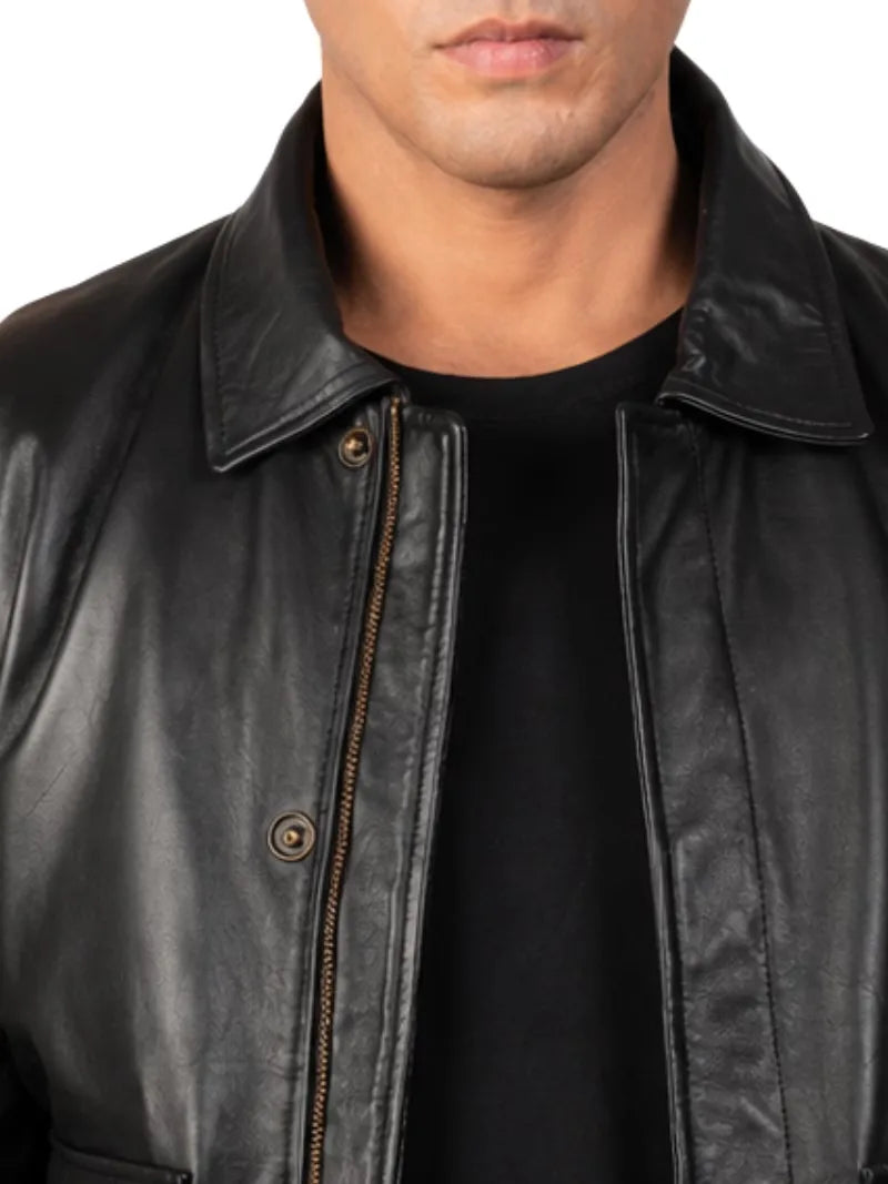 Men's black sheepskin leather shirt jacket, cuff detail