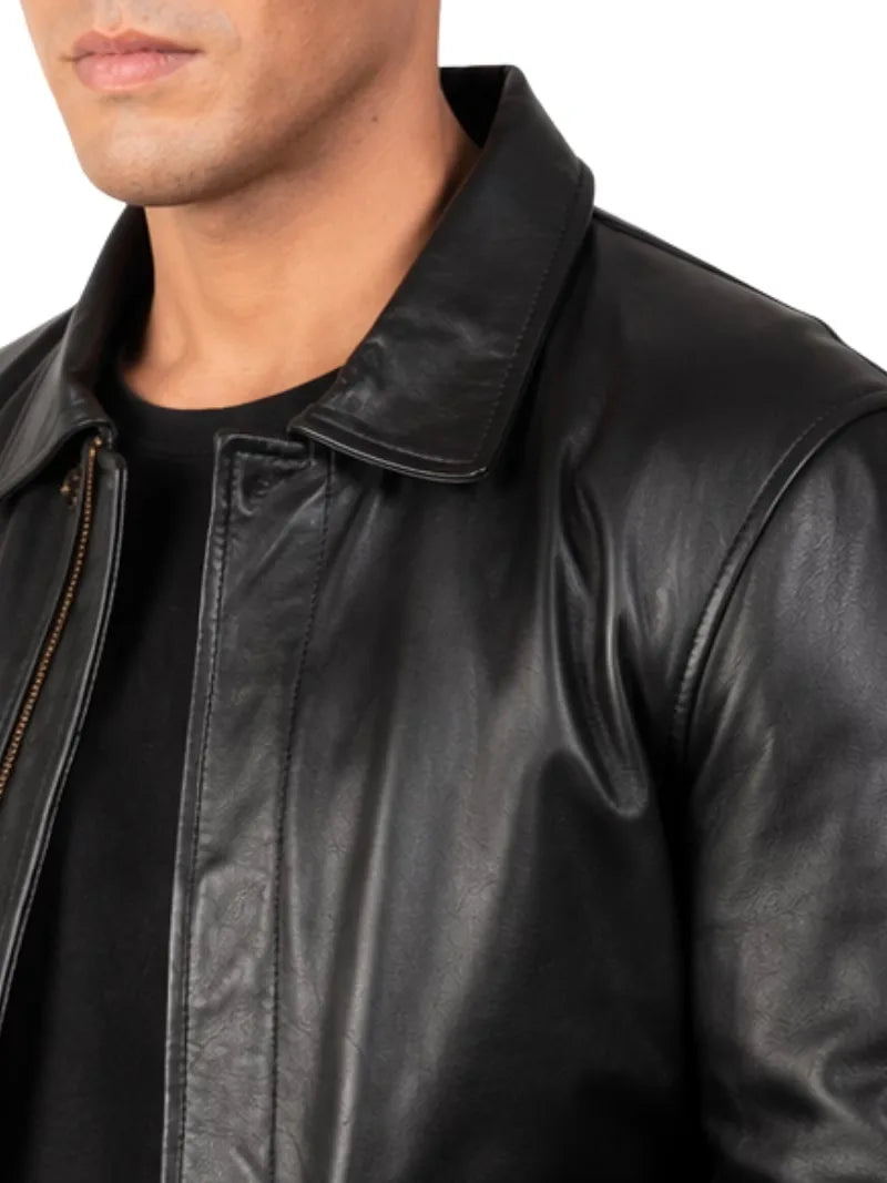 Men's black sheepskin leather shirt jacket, zip and closure detail