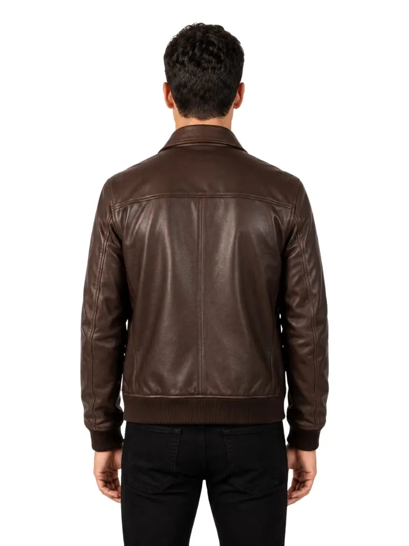Men's black sheepskin leather shirt jacket, collar detail