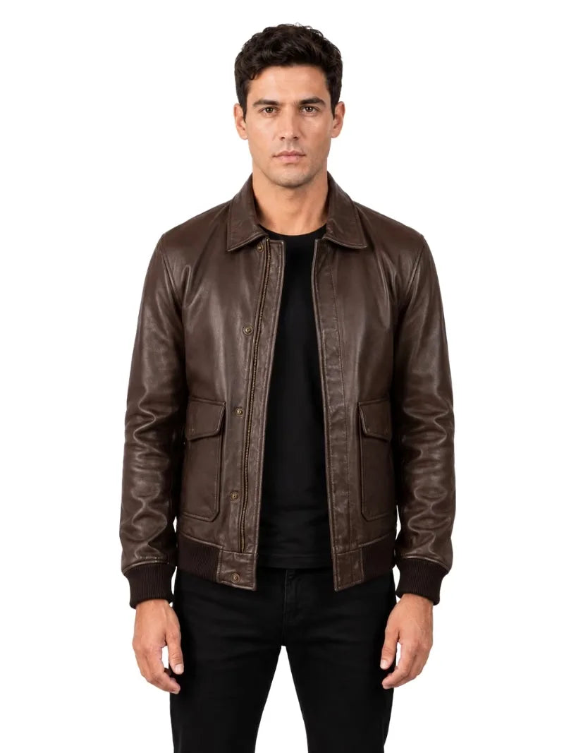 Men's black sheepskin leather shirt jacket, side view