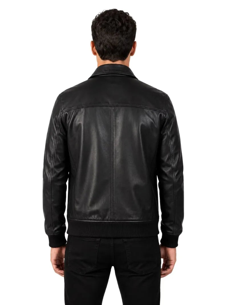 Men's black sheepskin leather shirt jacket, back view