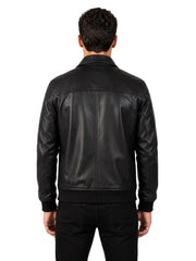 Men's black sheepskin leather shirt jacket, back view