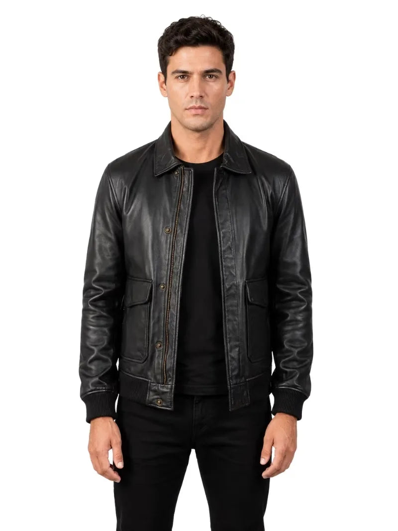 Men's black sheepskin leather shirt jacket, front view
