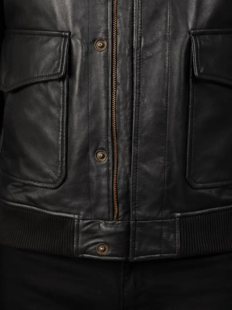 Men's black sheepskin leather shirt jacket, pocket detail