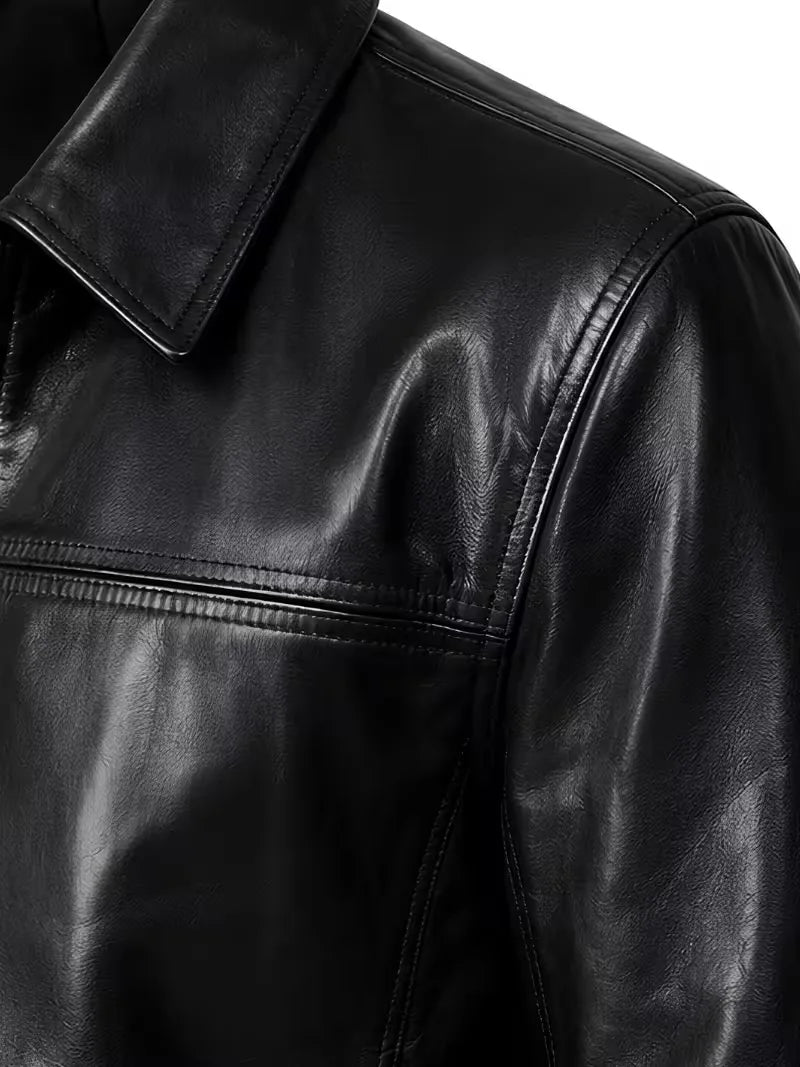 Men's black sheepskin leather shirt jacket, side view