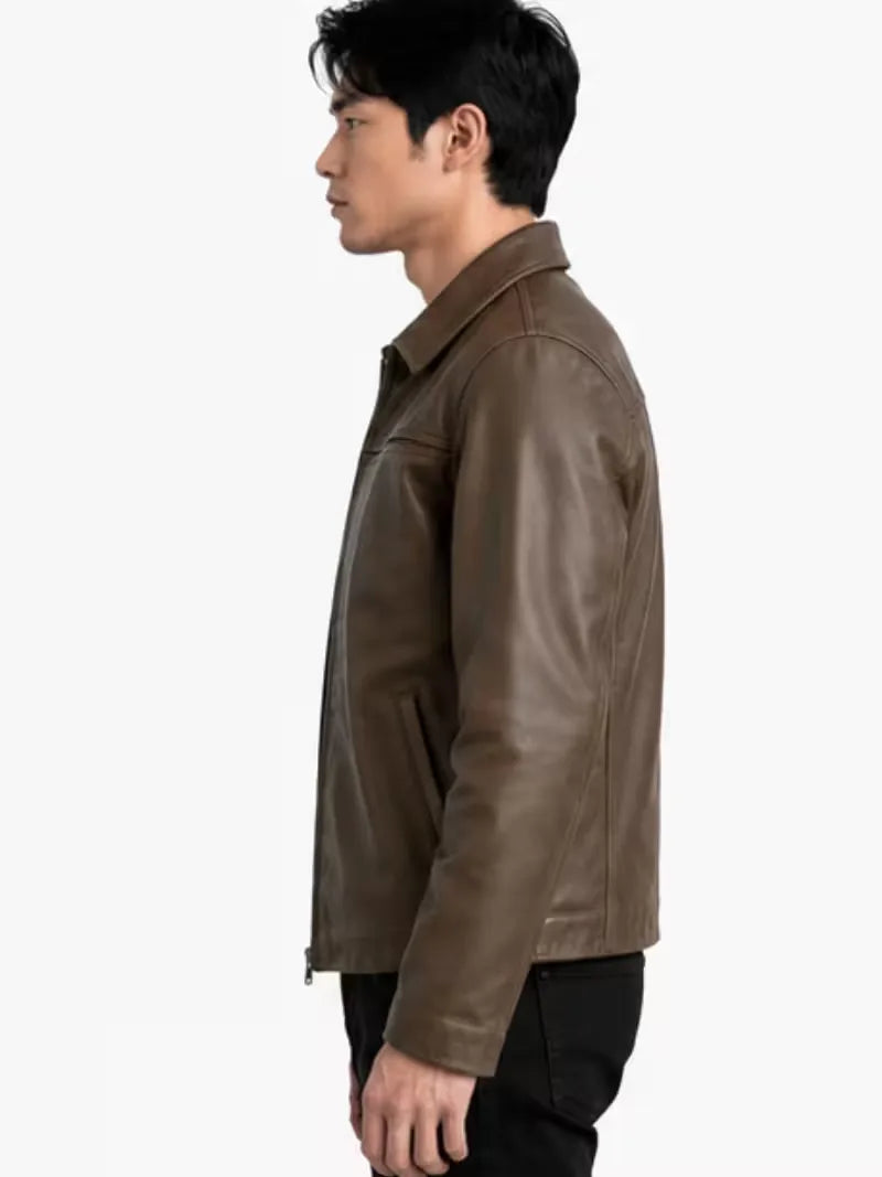 Men's black sheepskin leather shirt jacket, pocket detail