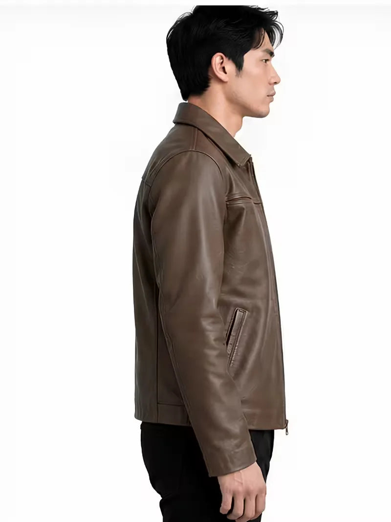 Men's black sheepskin leather shirt jacket, lining detail