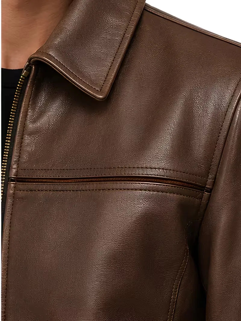Men's black sheepskin leather shirt jacket, worn on model