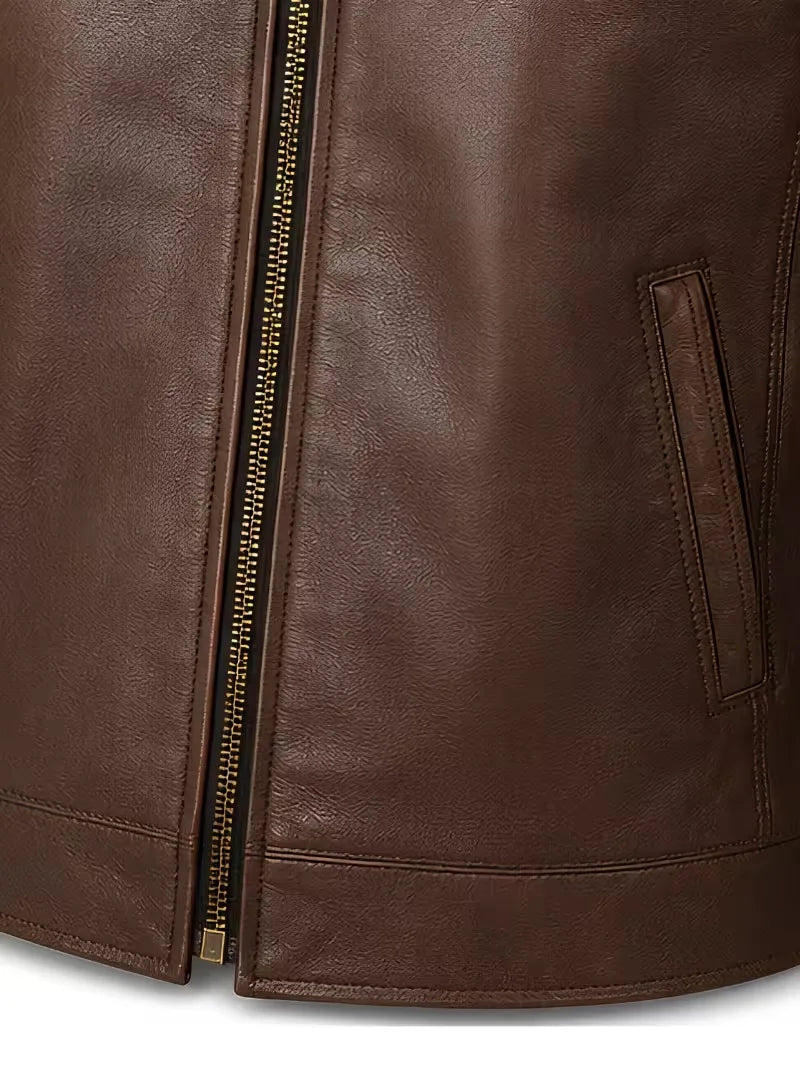 Men's black sheepskin leather shirt jacket, front view