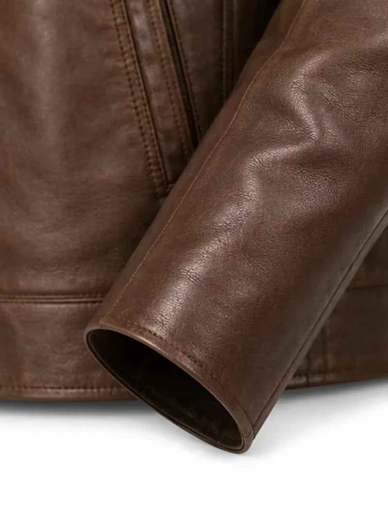 Men's black sheepskin leather shirt jacket, back view