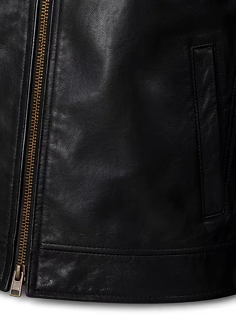 Men's black sheepskin leather shirt jacket, collar detail
