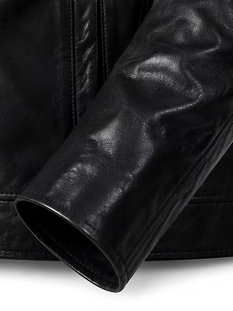 Men's black sheepskin leather shirt jacket, zip and closure detail