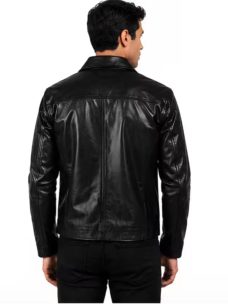 Men's black sheepskin leather shirt jacket, back view