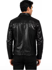 Men's black sheepskin leather shirt jacket, back view