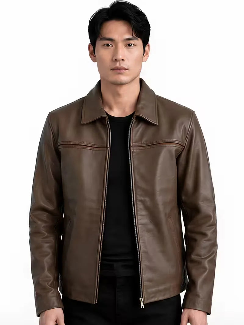 Men's black sheepskin leather shirt jacket, zip and closure detail