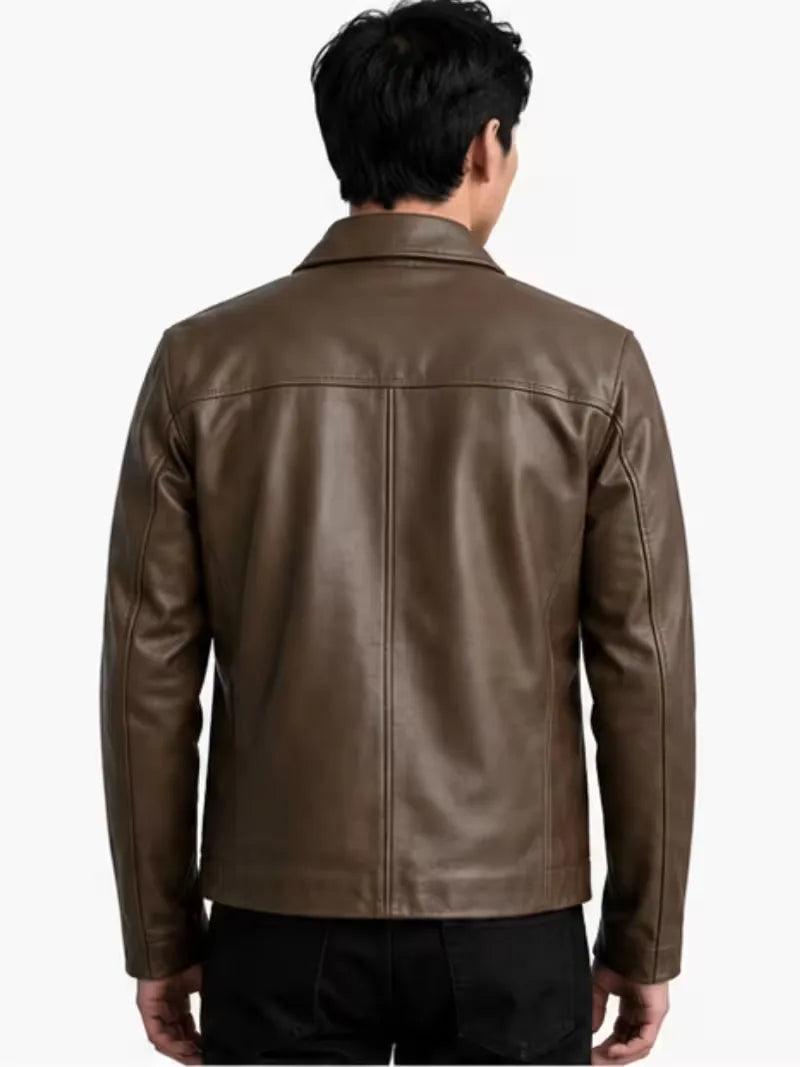 Men's black sheepskin leather shirt jacket, cuff detail
