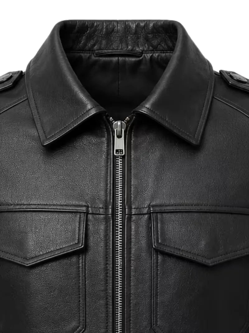 Men's black sheepskin leather jacket, zip and closure detail