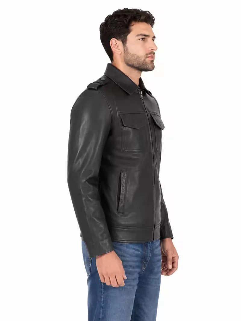 Men's black sheepskin leather jacket, collar detail