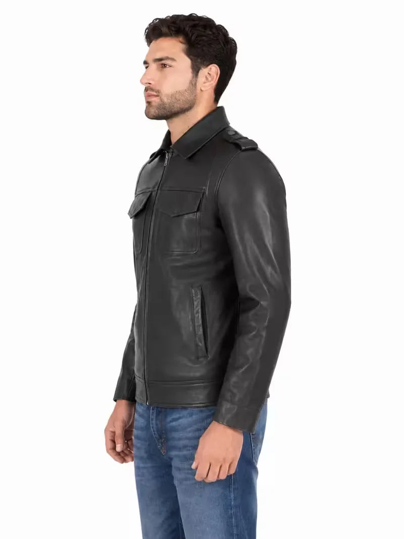 Men's black sheepskin leather jacket, side view