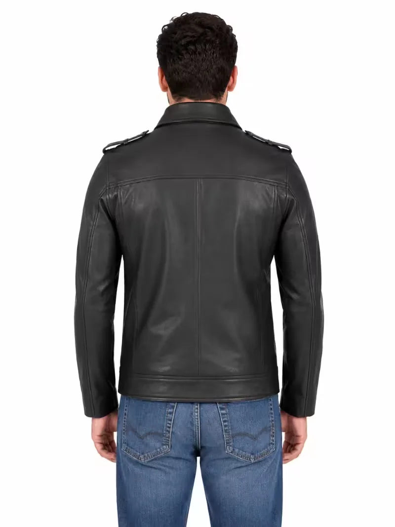 Men's black sheepskin leather jacket, back view