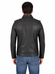 Men's black sheepskin leather jacket, back view