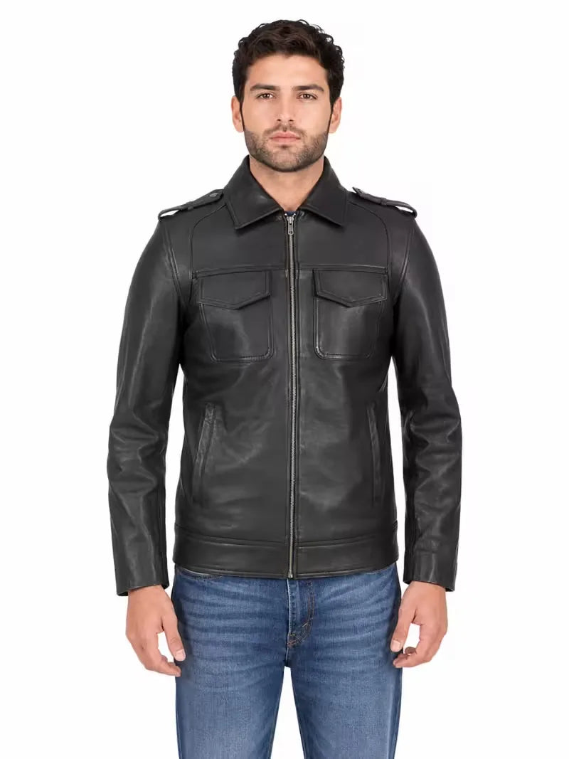 Men's black sheepskin leather jacket, front view