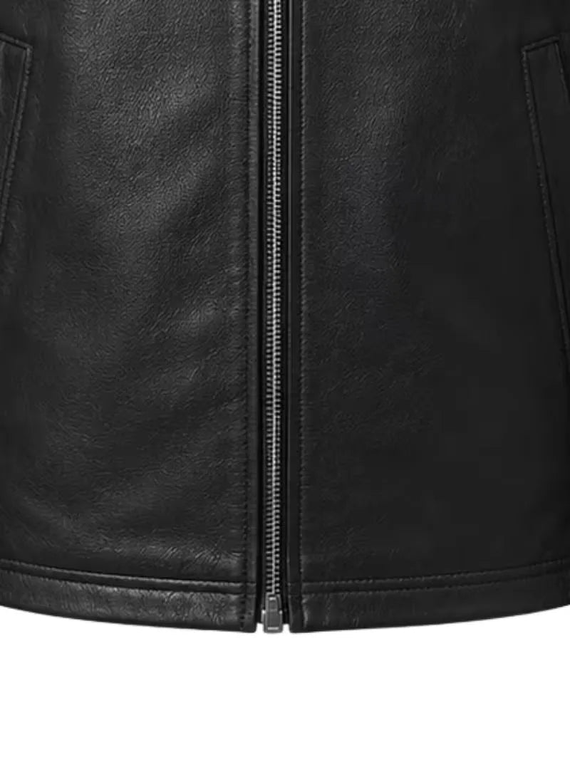 Men's black sheepskin leather jacket, pocket detail