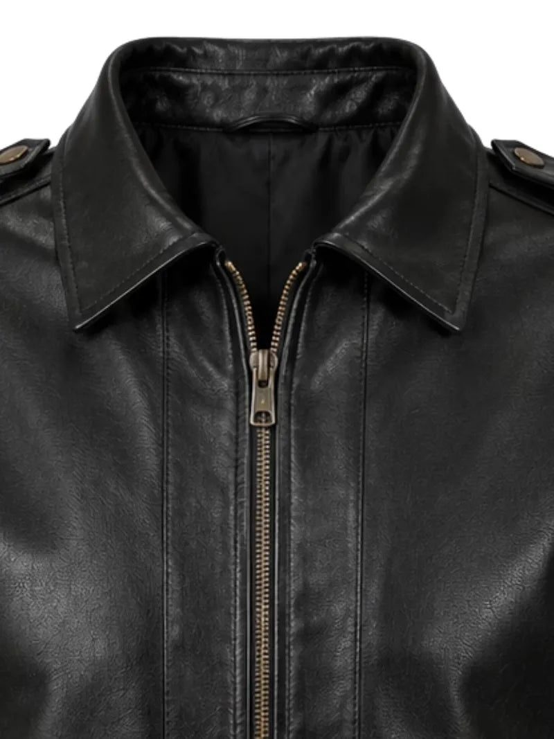Men's black sheepskin leather jacket, zip and closure detail
