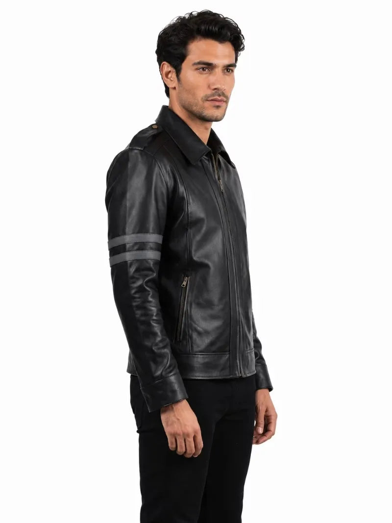 Men's black sheepskin leather jacket, collar detail