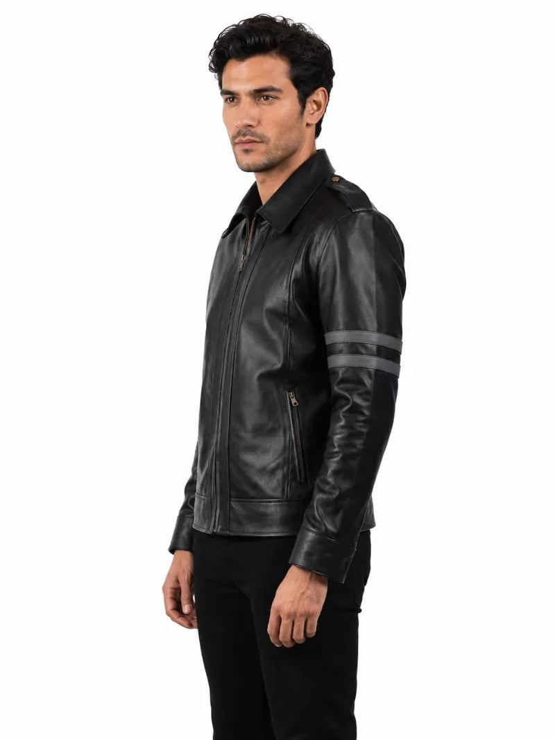 Men's black sheepskin leather jacket, side view